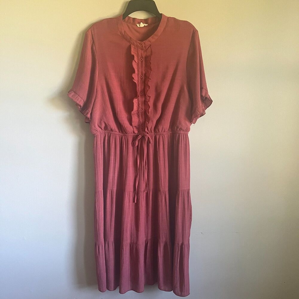 Kings Road Boho Tiered Midi Dress 2X Dusty Rose Ruffle Placket Flutter Sleeve